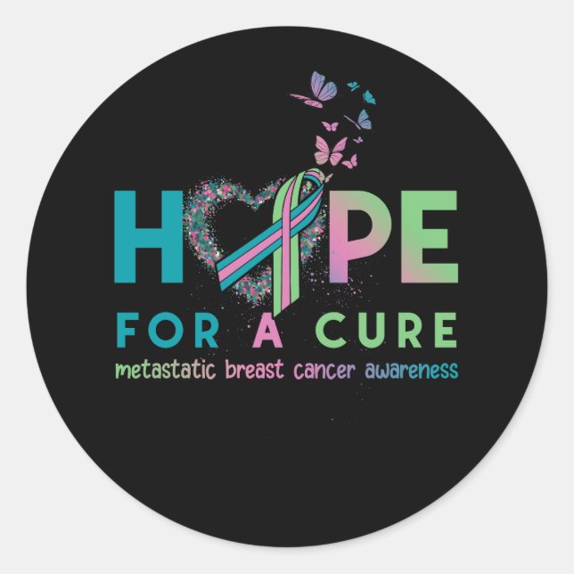 Pegatina Redonda Esperanza Cáncer De Mama Metastásico Con Rosa Verd (Anverso)