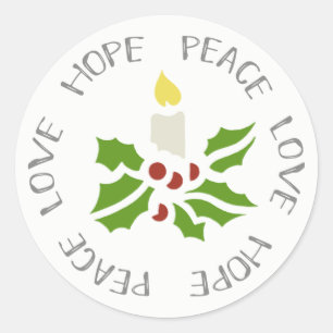 Pegatina Redonda Esperanza, paz, amor a Holly Minimalista y velas