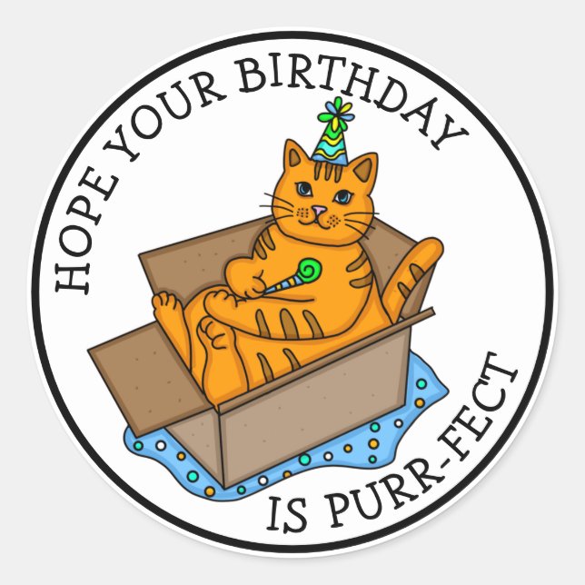 Pegatina Redonda Espero que tu cumpleaños sea Purr-fact (Anverso)