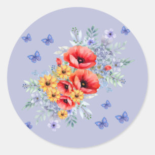 Pegatina Redonda Espías rojas deliciosas, girasoles y mariposas