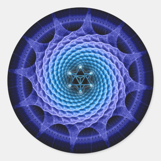 Pegatina Redonda Espiral Merkaba Mandala Blue ( Geometría fractal ) (Anverso)