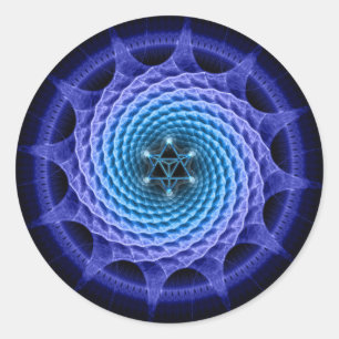 Pegatina Redonda Espiral Merkaba Mandala Blue ( Geometría fractal )