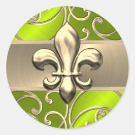 Pegatina Redonda Espirales de filigrana de lima y oro Fleur de Lis