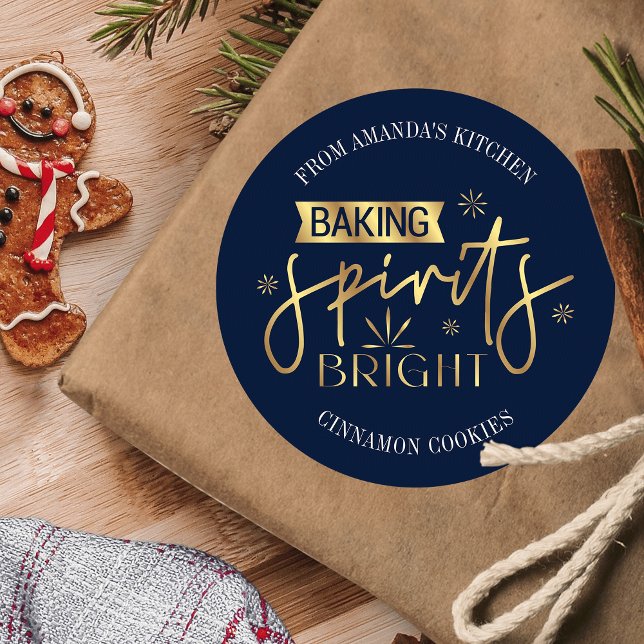 Pegatina Redonda Espíritus de horca Brillante Marina y Navidades de (Navy and gold holiday baking packaging label for your home baked gifts or cookie exchange)