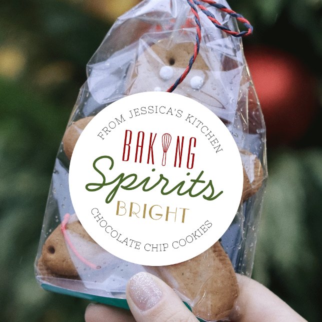 Pegatina Redonda Espíritus navideños brillantes Navidad festiva en  (Elegant and chic Christmas cookies labels with a modern Baking Spirits Bright Design)