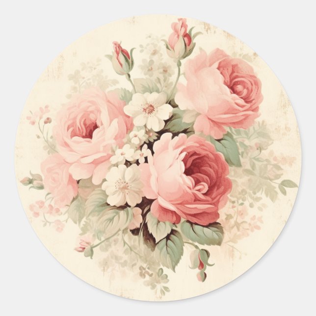 Pegatina Redonda Esplendor Desgastado, Shabby Chic Rosa (Anverso)