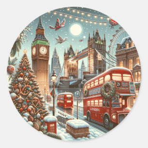 Pegatina Redonda Esplendor Navideño de Londres - Vibrante Tarjeta d