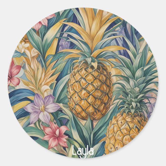 Pegatina Redonda Esplendor tropical: piña colorida (Anverso)