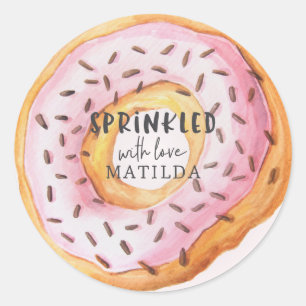 Pegatina Redonda Espolvoreada con amor giratoria rosada donut bebé