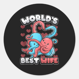 Pegatina Redonda Esposa del mundo Pulpo Kawaii Lindo Corazón Pareja