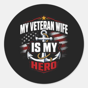 Pegatina Redonda Esposa Veterana Mi Heroe Familia de Veteranos