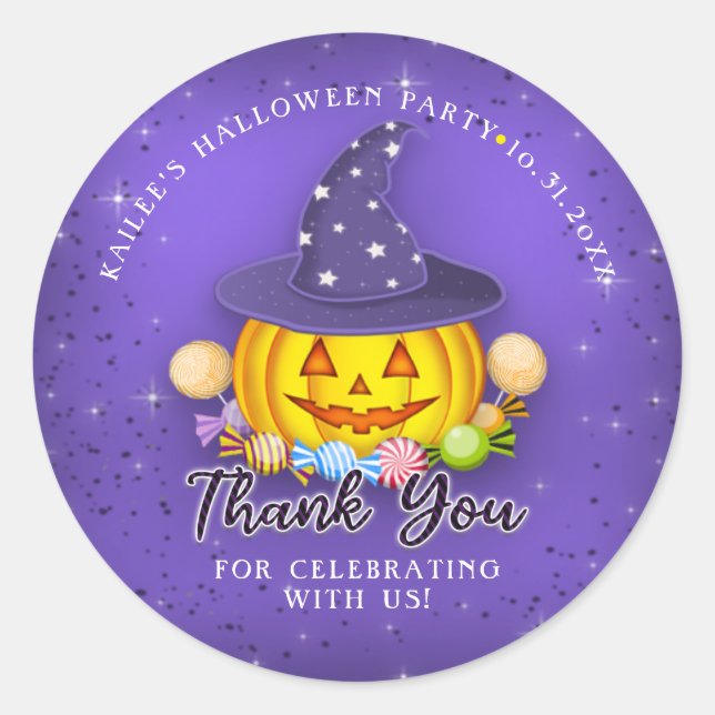 Pegatina Redonda Espumosa calabaza morada de Halloween Gracias (Anverso)
