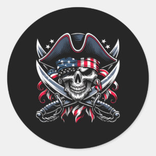 Pegatina Redonda Esqueleto 4 de julio pirata hombres Estados Unidos