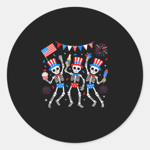 Pegatina Redonda Esqueleto bailando 4 de julio merica usa americano