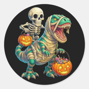 Pegatina Redonda Esqueleto Caprichoso Montando T-Rex Momia Hallowee