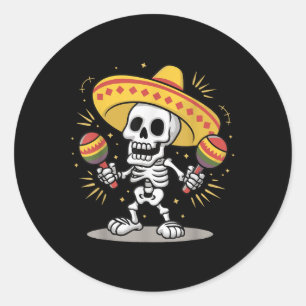 Pegatina Redonda Esqueleto Cinco De Mayo Sombrero Fiesta Hombres Me