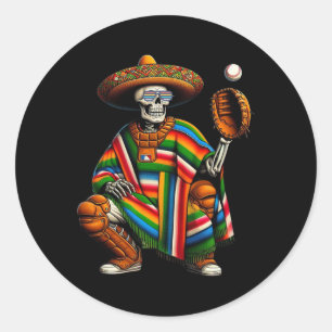 Pegatina Redonda Esqueleto de Bysebyll Sombrero Mexicano Cinco De M