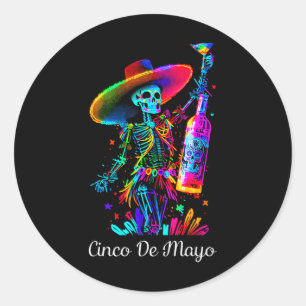 Pegatina Redonda Esqueleto de Cinco De Mayo Cráneo de Azúcar Colori