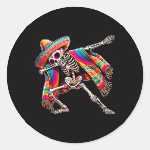 Pegatina Redonda Esqueleto de Dabbing Cinco De Mayo Sombrero Poncho