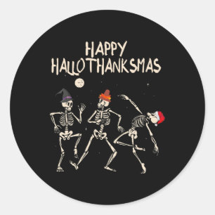 Pegatina Redonda Esqueleto de Hallothanksmas Navidad Halloween Grac