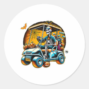 Pegatina Redonda Esqueleto de Halloween Carrito de Golf Golfista