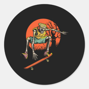 Pegatina Redonda Esqueleto De Halloween Con Skateboard