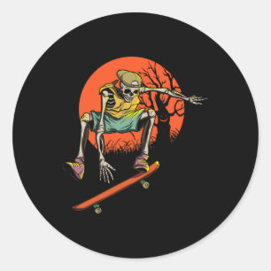 Pegatina Redonda Esqueleto De Halloween Con Skateboard