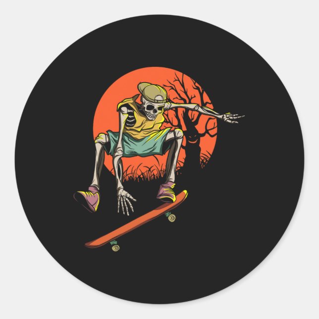 Pegatina Redonda Esqueleto De Halloween Con Skateboard (Anverso)