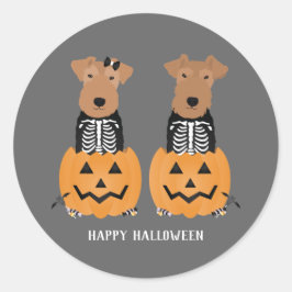 Pegatina Redonda Esqueleto de Halloween de Welsh Terrier