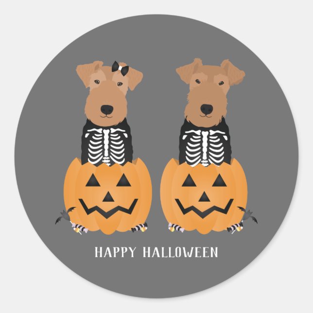 Pegatina Redonda Esqueleto de Halloween de Welsh Terrier (Anverso)