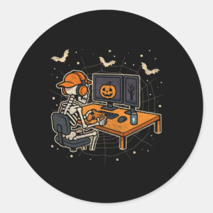 Pegatina Redonda Esqueleto de Halloween Jugador de Videojuegos Dive