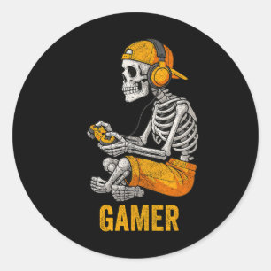 Pegatina Redonda Esqueleto de Halloween Jugador de Videojuegos Dive