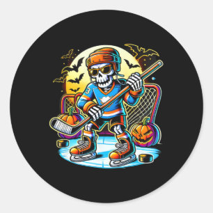 Pegatina Redonda Esqueleto de Hockey de Halloween _1 