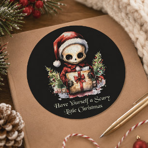 Pegatina Redonda Esqueleto de Navidad pequeño y aterrador Creepmas