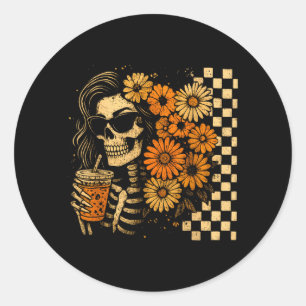 Pegatina Redonda Esqueleto de Otoño Floral Café Mamá Halloween Retr