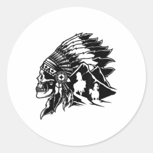 Pegatina Redonda Esqueleto de Rodeo Americano Nativo Feather War Bo