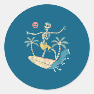 Pegatina Redonda Esqueleto de surfista hawaiano Halloween Playa Y S