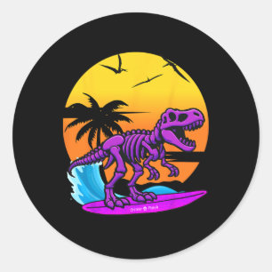 Pegatina Redonda Esqueleto de T-rex de surf de neón con retro de pl