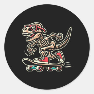 Pegatina Redonda Esqueleto de T-rex Retro Dinosaurio Skateboarding 