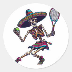 Pegatina Redonda Esqueleto de tenis Sombrero Mexicano Cinco De Mayo
