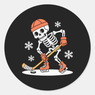 Pegatina Redonda Esqueleto Divertido Hockey Sobre Hielo Halloween _