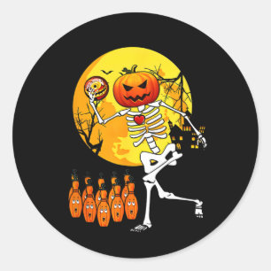 Pegatina Redonda Esqueleto Divertido Jugador de Bolos de Halloween