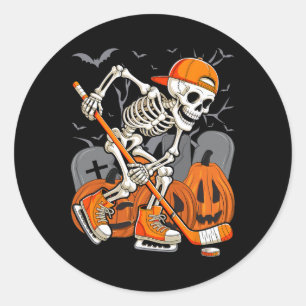 Pegatina Redonda Esqueleto jugando hockey divertido Halloween hombr