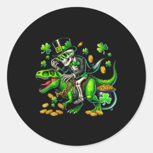 Pegatina Redonda Esqueleto Leprechaun Esqueleto montando Trex St Pa
