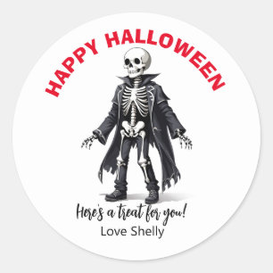Pegatina Redonda Esqueleto lindo Happy Halloween calabazas amigable