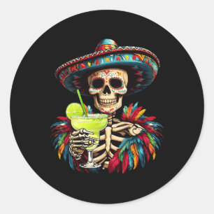 Pegatina Redonda Esqueleto mexicano Sombrero Cinco De Mayo