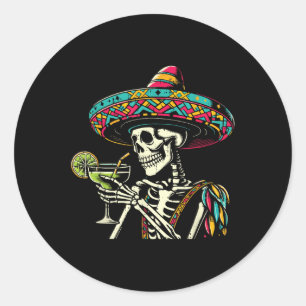 Pegatina Redonda Esqueleto mexicano Sombrero Cinco De Mayo