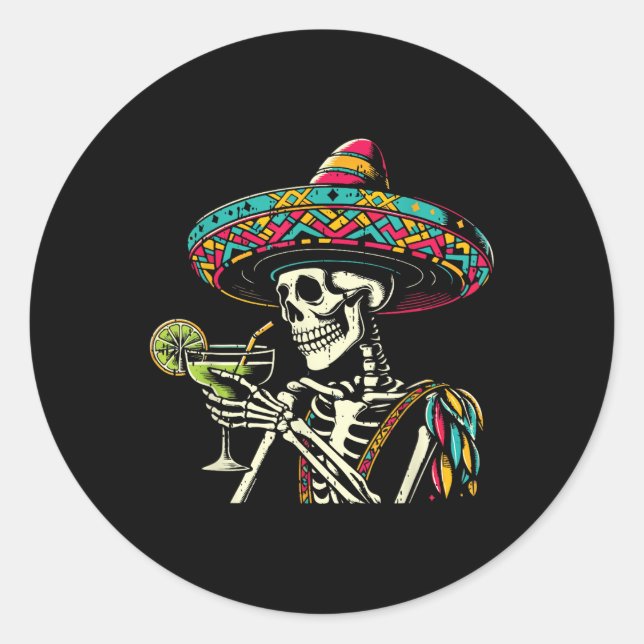 Pegatina Redonda Esqueleto mexicano Sombrero Cinco De Mayo (Anverso)