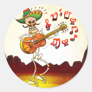 Pegatina Redonda Esqueleto Mexicano Tocando Guitarra