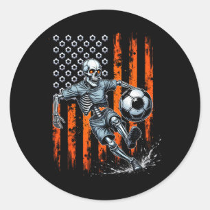Pegatina Redonda Esqueleto Retro Jugando Fútbol Bandera De Estados 